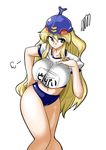  blonde_hair breasts buruma erect_nipples female green_eyes gym_outfit gym_uniform hand_on_hip helmet hips huge_breasts legs long_hair shirt shisoworld simple_background solo standing white_background 