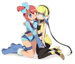  2girls bare_shoulders blonde_hair blue_eyes blush boots breasts female fuuro_(pokemon) gym_leader hand_holding hand_on_shoulder high_heels highres holding_hands hug kamitsure_(pokemon) kneeling long_hair midriff mukuroi multiple_girls pokemon red_hair shoes short_hair simple_background smile wink yuri 