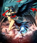  aello anklet armlet armor armpits black_hair black_wings claws commentary corpse earrings feathered_wings feathers genzoman greek_mythology harpy jewelry monster_girl navel pillar red_eyes signature skeleton smile solo sword tail_feathers talons tiara weapon wings 