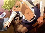  blouse bra breasts cg clavicle cleavage computer dress eroge fully_clothed green_eyes green_hair indoors ino izayoi laptop large_breasts megane mink oppai pantyhose sitting tagme 