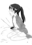  amasawa_yuuko blush censored cum dennou_coil doujinshi flat_chest futanari glasses greyscale highres hinemosu_notari jacket large_penis masturbation monochrome penis skirt solo trembling trembling_penis twintails 