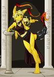  choosanama clothed clothing dress egyptian female fur gelert green_eyes hieroglyphics loincloth midriff neopets skimpy solo standing temple yellow yellow_fur 