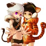  animal_ears animal_tail bag brown_hair cat_ears cat_tail cow_ears cow_tail genda hood hoodie horn male male_focus midriff multiple_boys navel open_mouth original purple_eyes short_hair simple_background smile standing tail thighhighs tiger_ears tiger_print tiger_tail white_hair yellow_eyes 