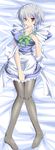  bow braid dakimakura izayoi_sakuya luna_(gunfire) lying maid maid_headdress red_eyes ribbon sheets short_hair silver_hair thighhighs touhou twin_braids 