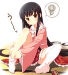  black_hair blush brown_eyes dress dressing famicom feet game_console houraisan_kaguya legs long_hair on_floor pink_dress sitting solo squiggle tatami tears thighhighs touhou very_long_hair white_legwear yamasan zettai_ryouiki 