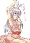 alternate_costume animal_ears armpits arms_up blush breasts bunny_ears bunny_tail cleavage long_hair medium_breasts no_bra no_panties one_eye_closed open_clothes open_shirt purple_hair red_eyes reisen_udongein_inaba sagami_uta shirt simple_background smile solo stretch tail touhou 