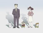  2girls black_hair brother_and_sister brown_hair child crayon_shin-chan crossed_arms dog family father_and_daughter father_and_son formal full_body ghost_in_the_shell ghost_in_the_shell_stand_alone_complex grey_background hand_in_pocket hands_on_hips kyanoko looking_down mother_and_daughter mother_and_son multiple_boys multiple_girls necktie nohara_himawari nohara_hiroshi nohara_misae nohara_shinnosuke pants parody shadow shiro_(shin-chan) siblings simple_background smile standing suit 