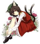  animal_ears brown_hair cat_ears cat_tail chen dekappara_futoriusu earrings floral_background flower full_body hands_on_feet jewelry loafers multiple_tails nekomata plantar_flexion red_eyes shoes short_hair sitting solo tail touhou 