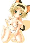  ahoge animal_ears bikini blonde_hair blush breasts cat_ears cat_tail cleavage copyright_request green_eyes hairband highres kneeling medium_breasts non-web_source oppai_kenmin solo swimsuit tail 