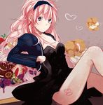  bad_id bad_pixiv_id black_dress blue_eyes breasts cake cleavage dress earrings food hairband hatsuko heart jacket jewelry long_hair medium_breasts megurine_luka pink_hair sitting solo upskirt vocaloid 