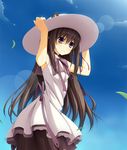  akemi_homura animal_ears black_hair black_legwear cat_ears day dress hand_on_headwear hat kemonomimi_mode lens_flare long_hair mahou_shoujo_madoka_magica nekoro pantyhose purple_eyes sky smile solo sun_hat 