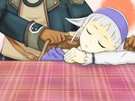  1girl bad_id bad_pixiv_id closed_eyes covering_with_blanket gensou_suikoden gensou_suikoden_ii gensou_suikogaiden gloves hairband kuroda_minoru nash_latkje short_hair sierra_mikain silver_hair sleeping 