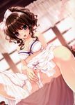  bare_legs bare_shoulders between_legs blue_eyes blurry blush bra brown_hair clothed_masturbation curly_hair dress dutch_angle fang fingering fingering_through_clothes fingering_through_panties hanamiya_nagisa hand_between_legs highres image_sample indoors kuroya_shinobu lingerie masturbation masturbation_through_clothing open_mouth panties ponytail pussy_juice pussy_juice_stain sitting solo spread_legs sweatdrop through_clothes trefoil underwear ushinawareta_mirai_wo_motomete wet wet_clothes wet_panties white_panties yandere_sample 