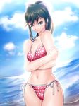  bikini black_hair blue_eyes crossed_arms hips long_hair love_plus midriff navel polka_dot polka_dot_bikini polka_dot_swimsuit ponytail solo swimsuit takane_manaka tkg wide_hips 