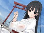 aka_ume black_eyes black_hair breasts character_request covered_nipples dutch_angle game_cg japanese_clothes large_breasts long_hair long_sleeves mahjong_toushi_mao miko non-web_source see-through solo techgian torii 