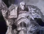  adeptus_astartes armor elizaveta_bikuin full_armor fur garviel_loken grey grey_background helmet male_focus monochrome pauldrons purity_seal serious solo warhammer_40k 