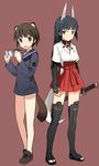  2girls anabuki_tomoko black_eyes black_hair black_thighhighs blush brown_eyes brown_hair character_request kemonomimi long_hair megane miko serafuku shimada_fumikane shoes short_hair strike_witches sweat sword tail thighhighs weapon 