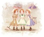  ahoge apron axis_powers_hetalia blush boots brown_eyes brown_hair crossdress crossdressing dress frills green_eyes hand_holding maid maid_apron maid_outfit male male_focus mop multiple_boys northern_italy_(hetalia) painting seborga_(hetalia) siblings southern_italy_(hetalia) trap 