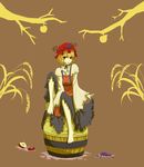  aki_minoriko apple bad_id bad_pixiv_id barefoot barrel blonde_hair feet food fruit grapes hat highres maki_(huran) red_eyes short_hair sitting solo touhou 