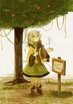  apple chaba_(hortensia) food fruit grey_eyes hat hat_removed headwear_removed komeiji_koishi rain shirt sign silver_hair skirt solo third_eye touhou tree 