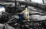  71 black_hair blue_eyes bracelet cloud copyright_request jewelry machine ruins science_fiction short_hair solo tank_top 