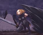  blonde_hair cape claymore claymore_(sword) cloak coupe50 miria_(claymore) rain solo sword thighhighs weapon 