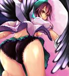  ass black_panties breasts brown_hair cape dacho from_behind from_below looking_back medium_breasts no_bra open_clothes open_shirt panties red_eyes reiuji_utsuho shirt sideboob skirt solo touhou underwear wings 