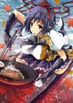  blush chopsticks cooking expressionless food gloves hat ladle looking_at_viewer open_mouth reiha_(penetrate) shameimaru_aya solo thighhighs tokin_hat touhou 