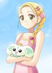  animal animal_hug blonde_hair blush braid day futari_wa_precure futari_wa_precure_max_heart green_eyes hair_ornament hair_over_shoulder hairclip kujou_hikari light_smile long_hair one-piece_swimsuit porun precure satogo single_braid sky solo swimsuit upper_body 