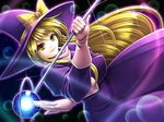  blonde_hair dress dutch_angle gloves hat hat_ribbon kirisame_marisa kirisame_marisa_(pc-98) koto_tsubane lips long_hair phantasmagoria_of_dim.dream ribbon sky solo sparkle staff star_(sky) starry_sky touhou touhou_(pc-98) very_long_hair witch_hat yellow_eyes 