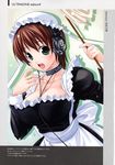  between_breasts breasts brown_hair choker cleavage duster frills green_eyes headphones highres huge_breasts maid mizuki_gyokuran original short_hair solo ultrasone 