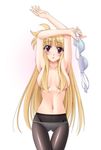  armpits arms_up blonde_hair blush bra breasts crotch_seam fate_testarossa hair_censor hair_over_breasts large_breasts lingerie long_hair lowleg lowleg_panties lyrical_nanoha mahou_shoujo_lyrical_nanoha_strikers narutaki_shin panties panties_under_pantyhose pantyhose red_eyes solo striped striped_bra striped_panties thigh_gap topless underwear underwear_only undressing 