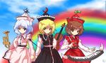  alphes_(style) blonde_hair blue_eyes brown_eyes brown_hair crescent_moon dress frills hat instrument kaoru_(gensou_yuugen-an) keyboard_(instrument) lunasa_prismriver lyrica_prismriver merlin_prismriver moon multiple_girls parody rainbow short_hair siblings sisters sky smile star style_parody touhou trumpet violin white_hair wings yellow_eyes 