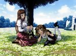  animal brown_hair cat cecile_(l'heure_bleue) chin_rest crown day dress flower grass green_eyes head_wreath highres in_tree l'heure_bleue lise_(l'heure_bleue) long_hair lying mizutani_tooru multiple_girls nature on_stomach ribbon scenery sitting sitting_in_tree thighhighs tree twintails very_long_hair 