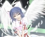  angel_wings black_eyes blue_hair bow dress feathers hair_bow hisumi mai_(touhou) sash short_hair solo touhou touhou_(pc-98) upper_body v_arms wings 