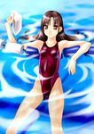  afloat breasts brown_eyes brown_hair competition_swimsuit copyright_request highleg highleg_swimsuit lane_line long_hair looking_at_viewer norizou_type-r one-piece_swimsuit pool red_swimsuit small_breasts smile solo swim_cap swimsuit 