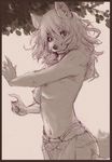  black_and_white breasts canine clothing female greyscale hair kunugi long_hair looking_at_viewer mammal monochrome nipples panties pants smile solo topless underwear 