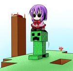  bed bow creeper crossover fire ichimi minecraft nagae_iku o_o purple_hair short_hair skeleton skeleton_(minecraft) sweat torch touhou 