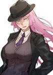  blue_eyes breasts fedora formal hat large_breasts long_hair mole mole_under_eye necktie original pink_hair solo suit sun-3 