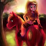  big_macintosh_(mlp) clothing cowboy_hat cutie_mark equine explosivegent female feral freckles friendship_is_magic grin hat horse human humanized male mammal my_little_pony pony shorts unknown_artist 