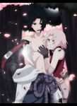  1girl annria2002 black_hair couple cuts gloves green_eyes haruno_sakura hetero highres injury naruto naruto_(series) out_of_character pink_hair source_request sword uchiha_sasuke weapon 