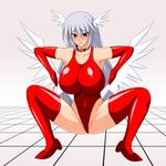  angel_wings blush breasts collar final_fantasy final_fantasy_tactics genzaburoh head_wings headwings high_heels huge_breasts jpeg_artifacts large_breasts latex legs leotard long_hair lowres one-piece_swimsuit red_eyes shoes silver_hair simple_background spread_legs squatting swimsuit thighhighs thighs ultima_(fft) wings 