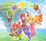  1girl 1other androgynous armor baggy_pants bare_shoulders bird blonde_hair boots colorful crane_(animal) dryad_(seiken_densetsu) everyone facial_mark feathers giant_tree gnome_(seiken_densetsu) haccan hair_feathers headband jinn_(seiken_densetsu) long_hair luna_(seiken_densetsu) mana_tree official_art pants pointy_ears popoi primm randi red_hair salamander_(seiken_densetsu) seiken_densetsu seiken_densetsu_2 shade_(seiken_densetsu) spiked_hair staff strapless sword tree tunic undine_(seiken_densetsu) vambraces weapon will-o'-wisp_(seiken_densetsu) 