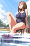  breasts brown_hair female full_body glasses hips kamichu! large_breasts nature one-piece_swimsuit outdoors plant purple_eyes school_swimsuit shijou_mitsue short_hair sky solo submerged swimsuit tongpoo tonpuu water wide_hips 