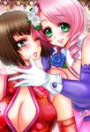  2girls alisa_boskonovich anna_williams bare_shoulder bare_shoulders blush breasts brown_hair cleavage flower gloves green_eyes hair_ornament kiraki large_breasts multicolored_hair multiple_girls namco smile tekken 