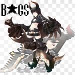  bikini_top black_gold_saw black_hair black_rock_shooter boots coat gauntlets glowing glowing_eyes highres horns huge_weapon king_saw long_hair midriff navel pale_skin promotions red_eyes solo sword t.a.k. thighhighs weapon 