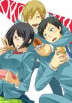  2boys black_hair blonde_hair blue_eyes bob_cut breasts brown_eyes chopsticks durarara!! food glasses highres juice_box kida_masaomi large_breasts multiple_boys obentou pleated_skirt rice ryuugamine_mikado sandwich school_uniform shiwasuda short_hair skirt sonohara_anri yellow_eyes 