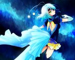  .hack//link 1girl bad_id bad_pixiv_id blue_hair elbow_gloves eyepatch gloves green_eyes hair_over_one_eye heterochromia klarinette_(.hack//) miyu_(matsunohara) skirt solo yellow_eyes 