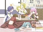  4girls :&lt; alcohol analog_clock clock controller everyone food fruit haruhi_ayame hatsune_miku indoors kagamine_len kagamine_rin kaito karakusa_(pattern) kotatsu mandarin_orange megurine_luka meiko multiple_boys multiple_girls remote_control sake table vocaloid 