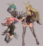  animal_ears armband blonde_hair blue_hair bunny_ears chiester00 chiester410 chiester45 chiester_sisters eyepatch ikeda_(cpt) long_hair multiple_girls pink_hair red_eyes short_hair showgirl_skirt thighhighs twintails umineko_no_naku_koro_ni 